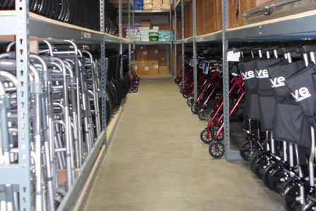 Photo of warehouse full of assistive technology equipment.